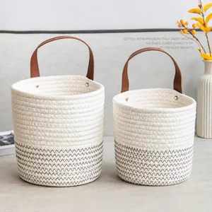 Woven Cotton Rope Storage Basket Desktop Cosmetics Hanging Organizer With Leather Handle Small Flower Basket Storage Bin