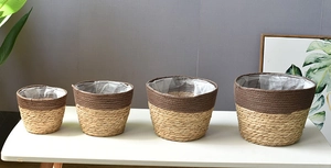 Set of four seagrass woven plant pots with waterproof liners in varying sizes