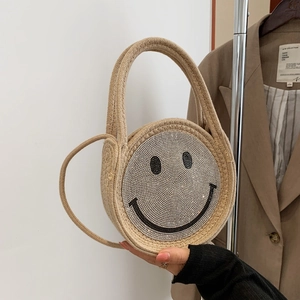 Petit Sac à Épaule Rond en Lin de Coton Tissé pour Femmes avec Motif Visage Souriant en Strass Sac de Plage