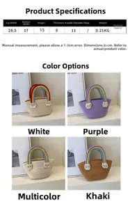 Detailed view of handmade woven mini tote bags with colorful rainbow handles and white tassels