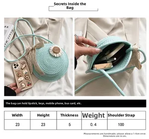 Size chart for blue woven daisy bag showing 23x23cm dimensions and interior capacity