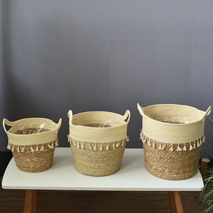 Bohemian Woven Seagrass Storage Basket With Tassels Handles Two-Tone Decorative Flower Pot Cover For Home Living Room