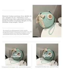 Size comparison of mint green straw round bag with A4 paper and iPad including dimensions
