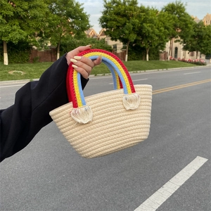 Cute Rainbow Handled Straw Woven Handbag For Women Handmade Cotton Thread Tassel Tote Bag Summer Beach Vacation Casual Small Purse