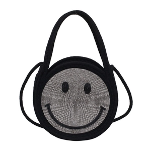 Sac rond noir en paille avec motif smiley en strass brillants et bandoulière amovible