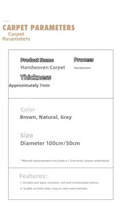 Specifications for handmade woven cotton rugs detailing 7mm thickness and round dimensions