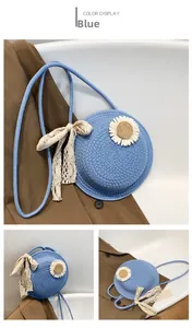 Detailed macro view of blue straw round bag with white daisy and lace ribbon bow