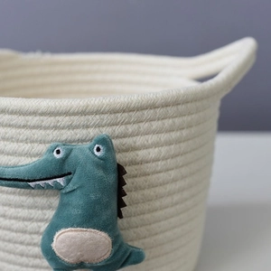 Foldable cotton rope storage basket with cute green crocodile embroidery detail