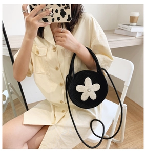 Détail d'un sac rond en tricot noir avec une grande fleur au crochet blanche et perle