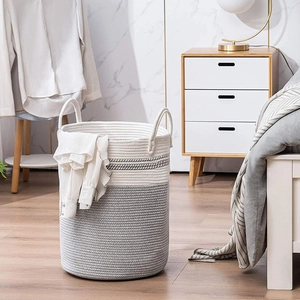 Modern Large Cotton Rope Woven Laundry Basket With Handles Foldable Color Block Storage Basket For Clothes Toys Organization