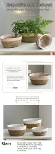 Detailed view of oval woven seagrass planters with waterproof liners and decorative borders