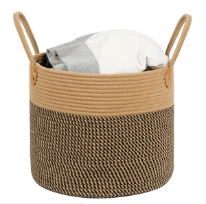 Large Cotton Rope Woven Storage Basket Two Tone Laundry Hamper With Reinforced Leather Handles For Toys Clothes Home Organization