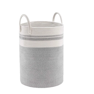 Large cylindrical cotton rope woven storage basket in grey and white two-tone design