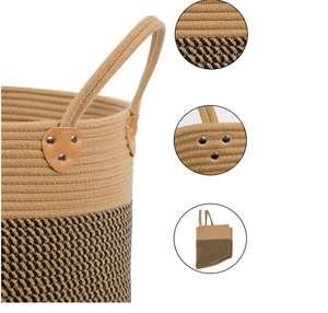 Large woven cotton rope storage basket with leather handles for toys and laundry