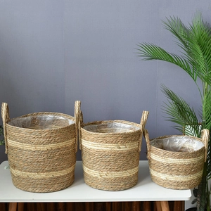 Set of 3 woven seagrass baskets with handles and waterproof liner for plants