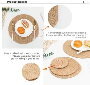 Detail of round handmade jute placemats with a natural woven spiral texture and layered sizes