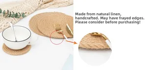 Close-up of handmade jute placemat showing natural woven texture and round spiral pattern