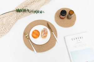 Detailed view of woven jute placemats with thick heat-resistant natural fiber texture