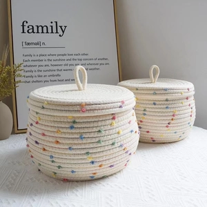 Nordic cotton rope storage baskets with lids and colorful accents in two sizes
