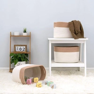 Foldable cotton rope storage basket set in neutral beige and white tones for home organizing