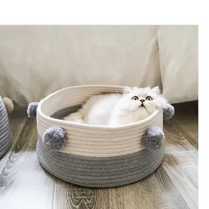 Nordic Woven Cotton Rope Pet Bed Round Cat House With Pompoms Portable Breathable Dog Nest Home Decor Pet Sleeping Basket