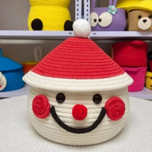 Handwoven cotton rope Christmas storage basket with snowman face and matching lid