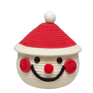 Christmas snowman woven storage basket with red pointed hat lid and cotton rope texture