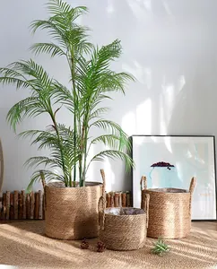 Three sizes of Nordic woven seagrass plant baskets with waterproof liners and handles