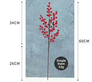Detailed dimensions of a 60cm artificial red holly berry branch for festive decor