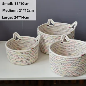 Three-piece set of cat-ear woven cotton rope baskets with colorful zigzag patterns