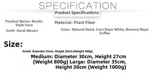 Size chart for Nordic hand-woven straw flower pots in small, medium, and large sizes