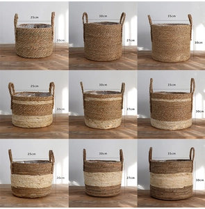 Detail showing Nordic woven seagrass planters with waterproof plastic liners in three sizes