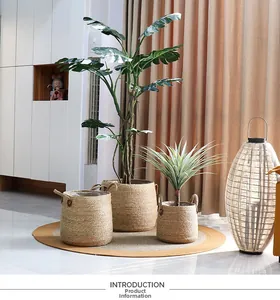 Three-piece set of woven seagrass plant pots with leather handles for home decor