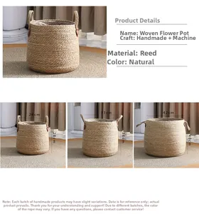 Three sizes of woven seagrass plant pots with handles and waterproof liners in detail view