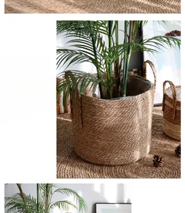 Detail of hand-woven fiber planter showing natural brown texture and waterproof lining