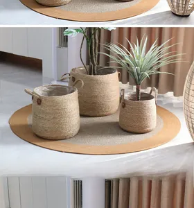 Three-piece woven seagrass plant pots set with leather labels and waterproof liners