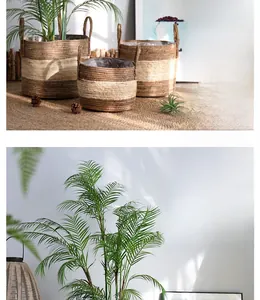 Detailed trio of woven seagrass plant baskets with handles in natural and brown stripes