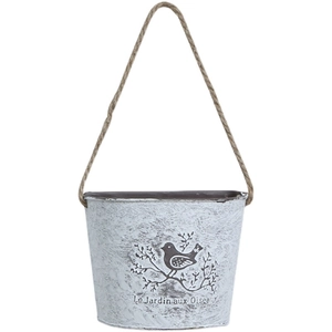 Wall-mounted vintage iron flower pot with bird embossing and rustic jute rope handle