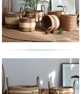 Close-up of Nordic woven seagrass basket with waterproof lining and dual handles