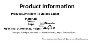 Size chart for cotton rope bow storage basket showing lid and open styles dimensions