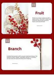Detailed view of red artificial berries and golden ginkgo leaves with bendable stems