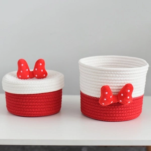 Cartoon red bowknot woven cotton rope storage baskets set for home organization