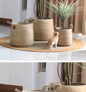 Three sizes of woven seagrass plant baskets with leather tabs and waterproof liners