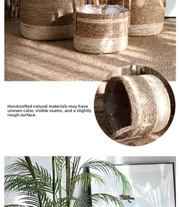 Detail of hand-woven plant basket with waterproof plastic lining and natural seagrass texture