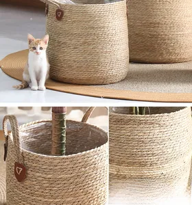 Detail of woven rattan planter with waterproof liner and decorative leather logo tag