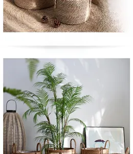Detail of natural woven seagrass plant basket set with durable handles and plastic liner