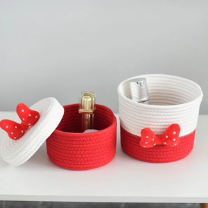 Cartoon cotton rope storage baskets with red bows for cosmetics and snacks