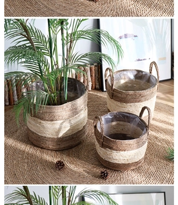 Detail of three-piece woven seagrass planters with waterproof liners and sturdy handles