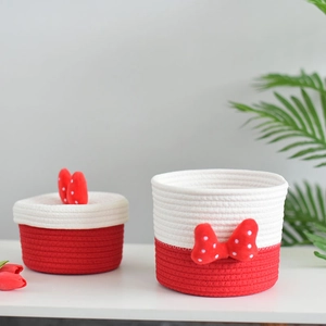 Red and white cotton rope woven storage basket set with cute polka dot bow decorations