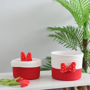 Cartoon Bowknot Cotton Rope Storage Basket Braided Desktop Organizer Bin For Cosmetics Snacks Household Laundry Storage